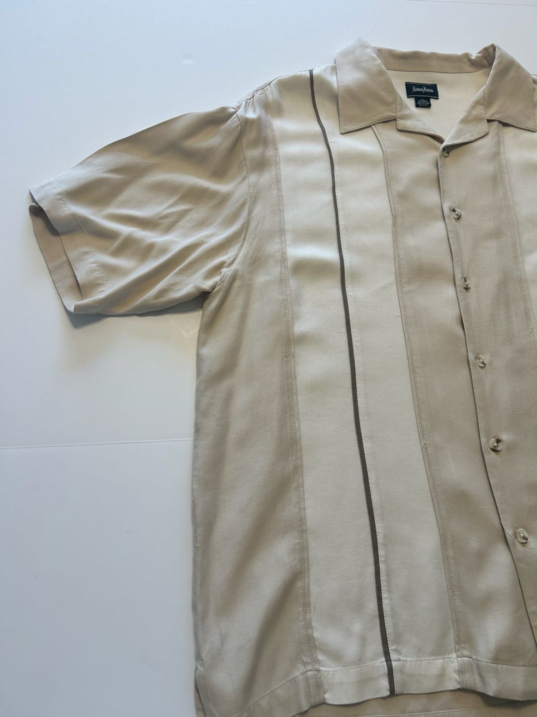 Neiman Marcus Silk Bowling Shirt Size XL Beige Striped Camp Collar 6