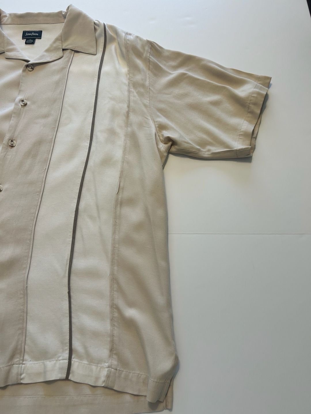 Neiman Marcus Silk Bowling Shirt Size XL Beige Striped Camp Collar 7
