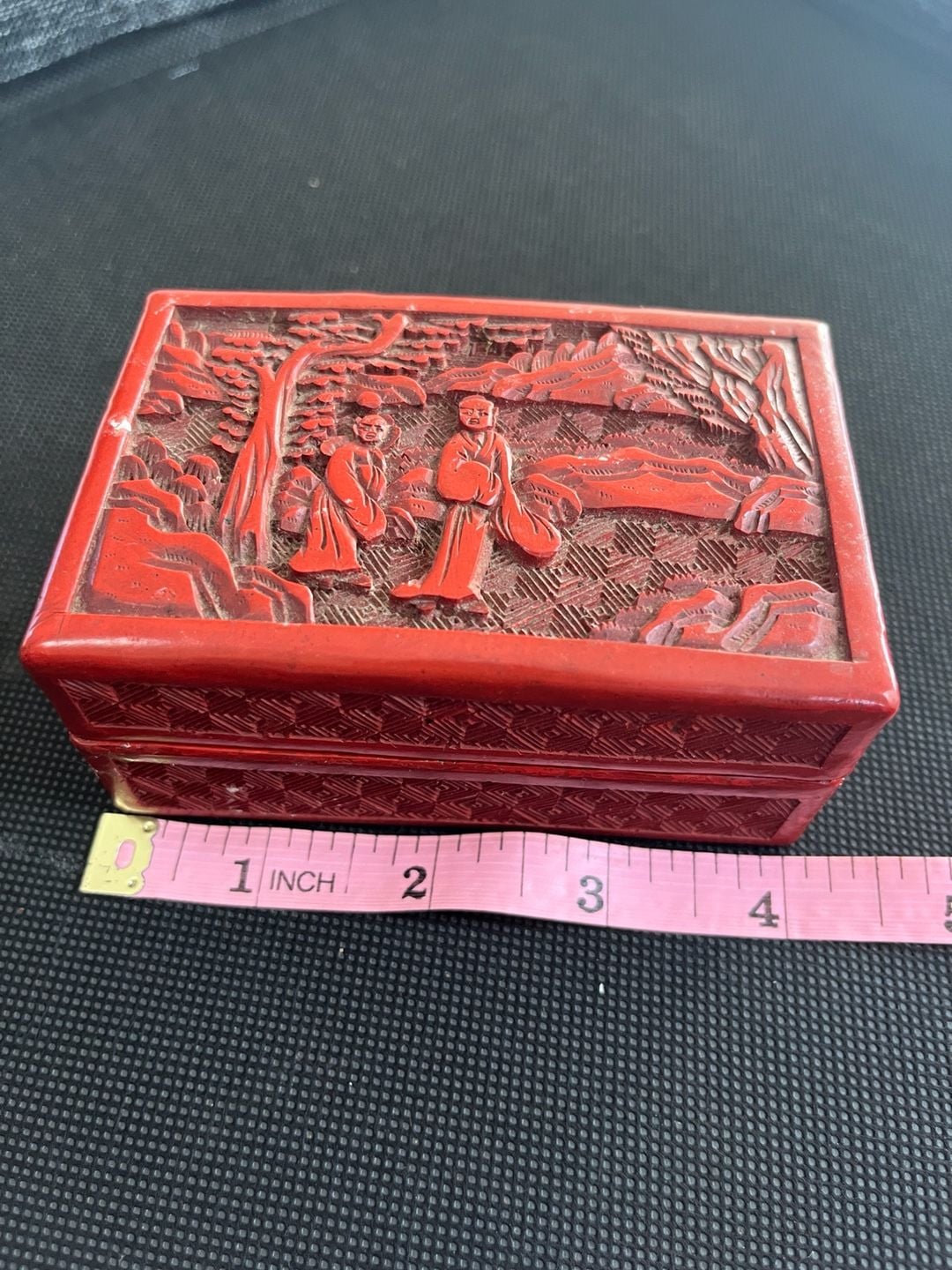 Vintage Chinese Carved Cinnabar Style Resin Trinket Box Figures Scene 6