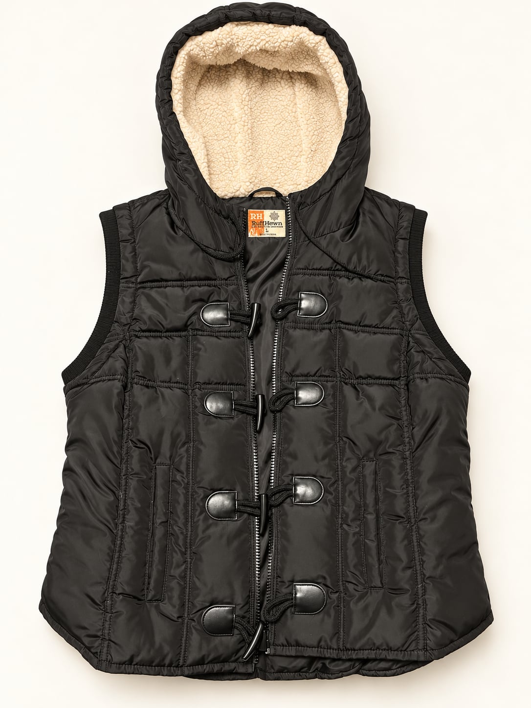 RuffHewn Quilted Hooded Vest Size L Black Toggle Button Sherpa Lined 2