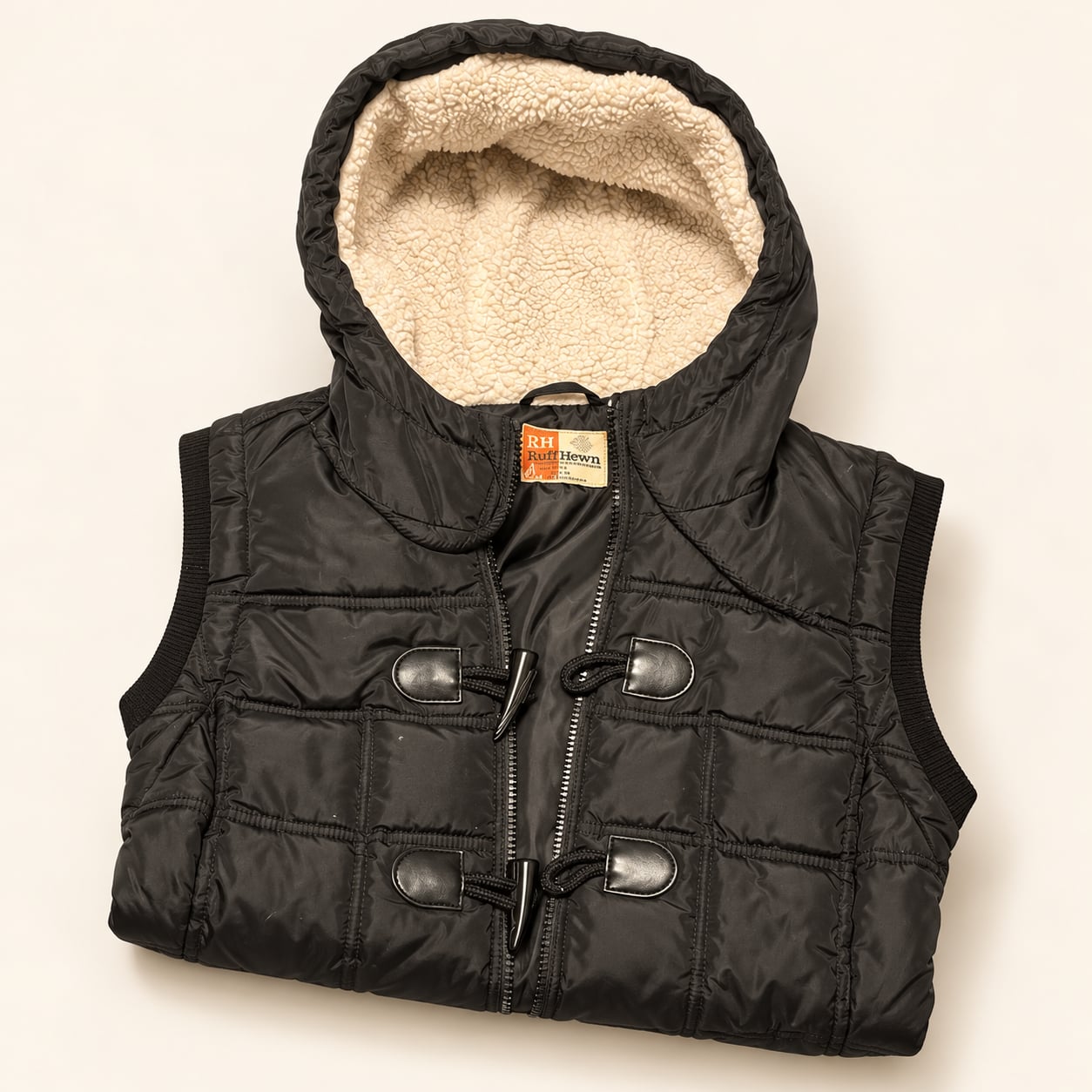 RuffHewn Quilted Hooded Vest Size L Black Toggle Button Sherpa Lined 4
