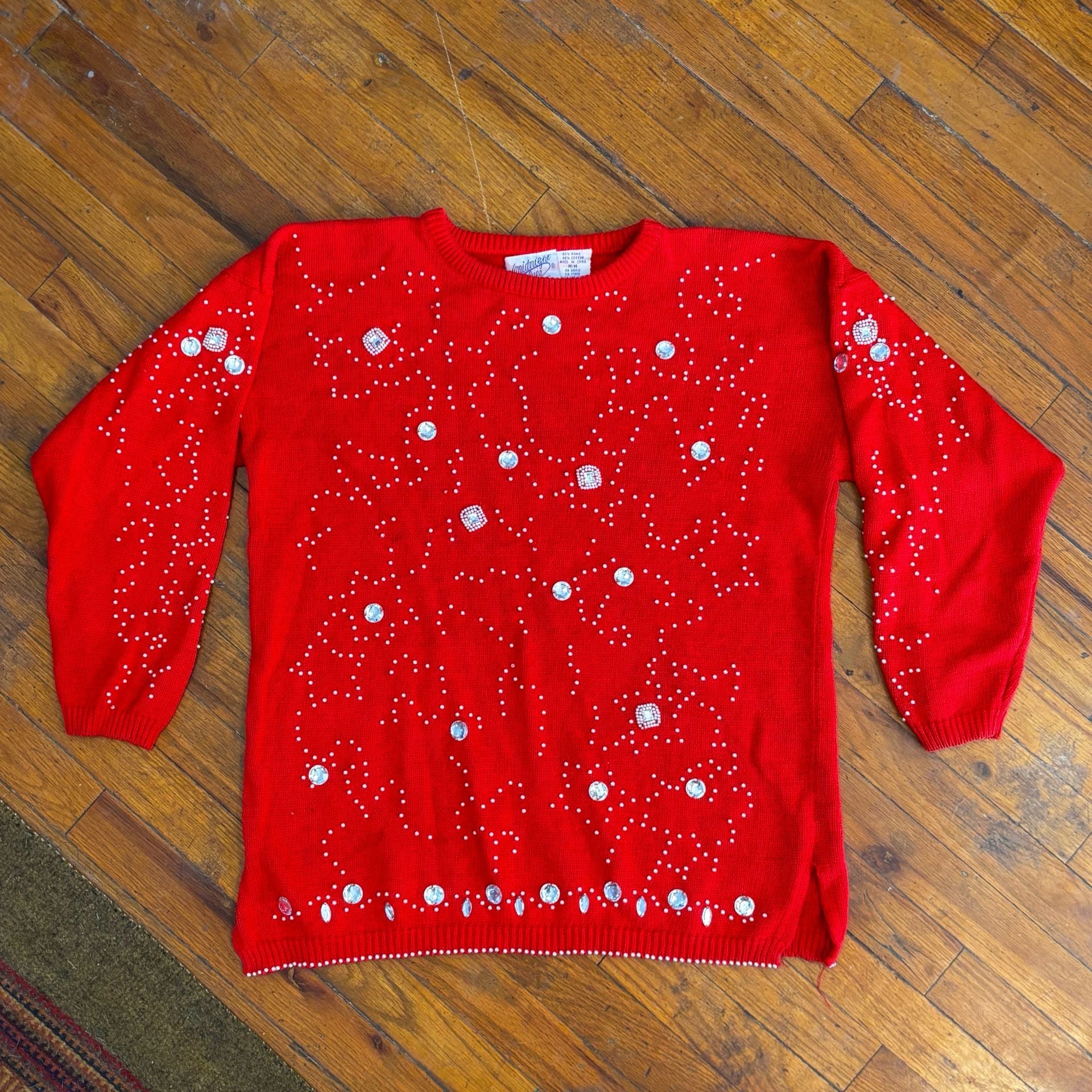 Red Rhinestone Embellished Christmastime Sweater Size M 2