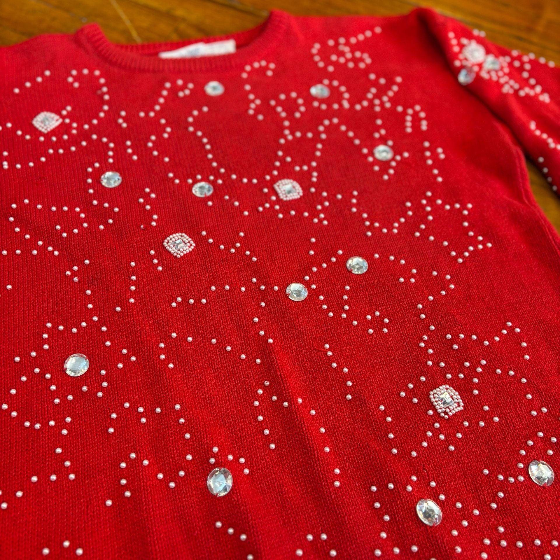 Red Rhinestone Embellished Christmastime Sweater Size M 3
