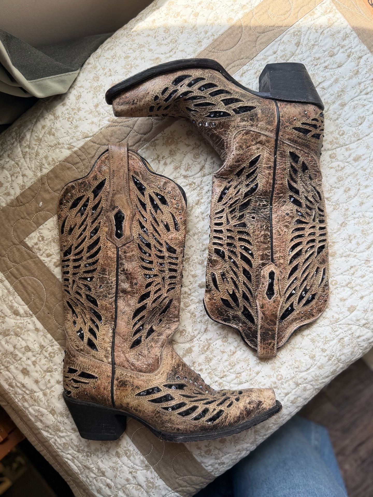 Corral Western Boots Brown Leather Sequin Cutout 2