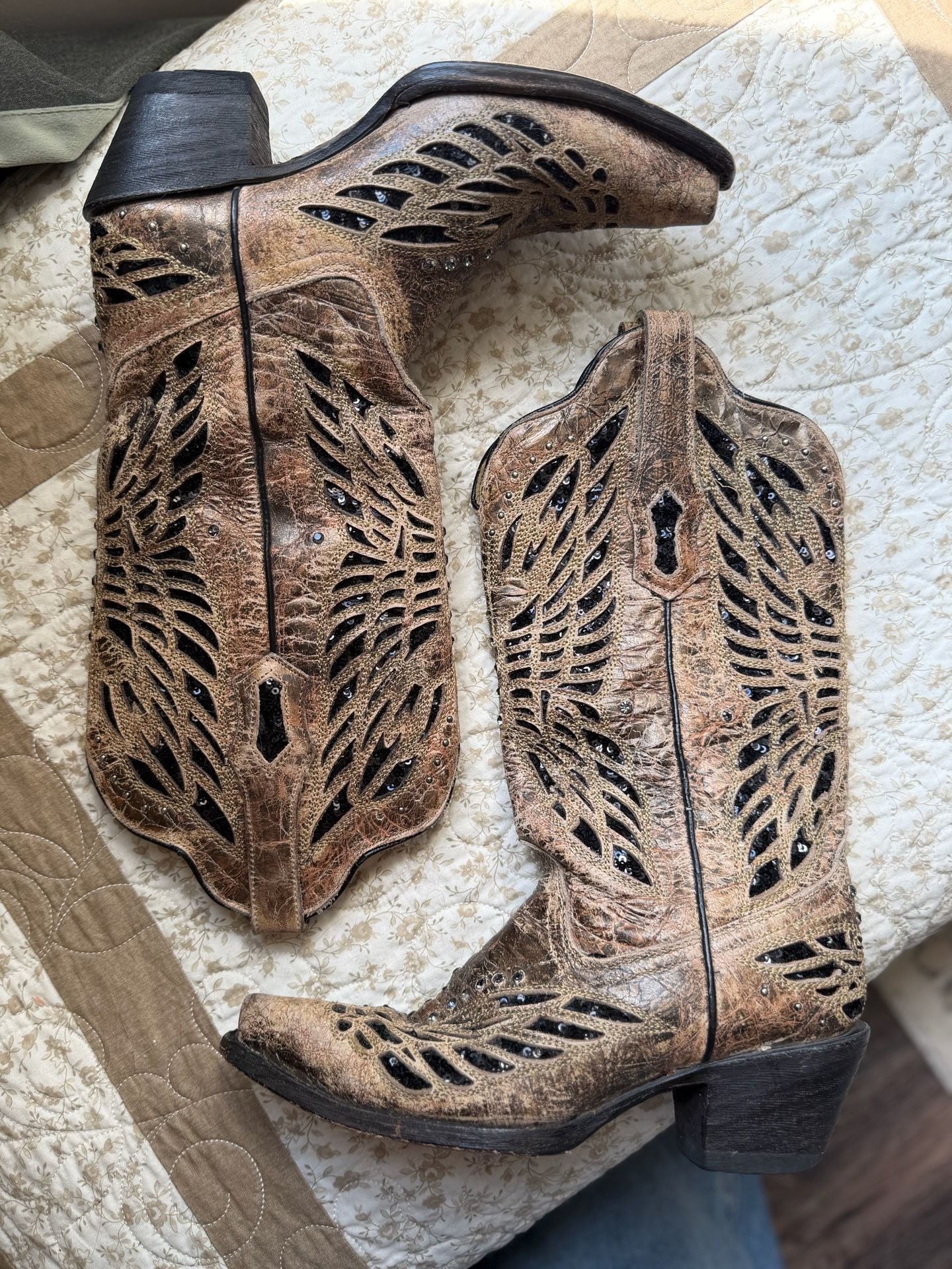 Corral Western Boots Brown Leather Sequin Cutout 4