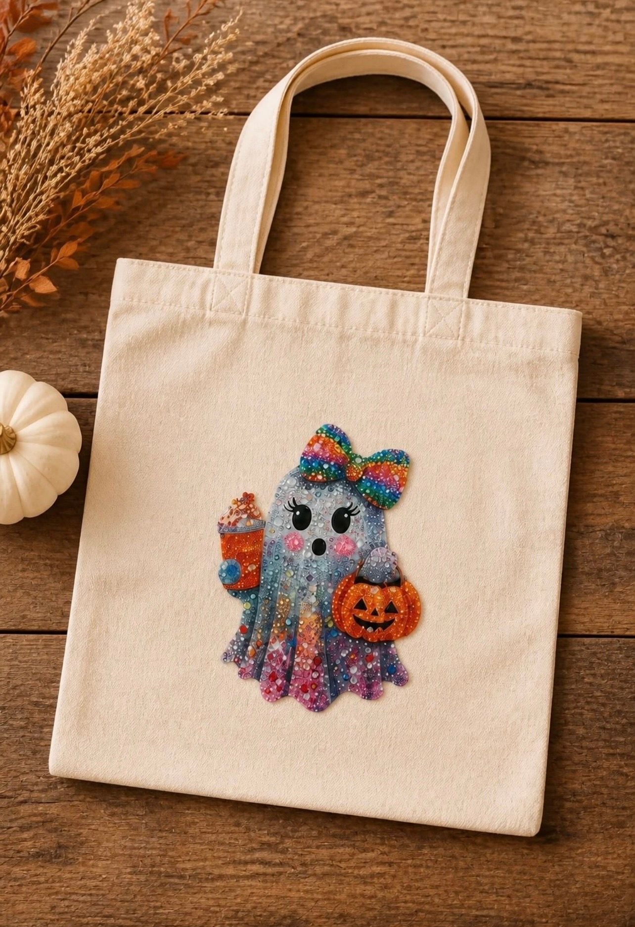 Halloween Diamond Painting Canvas Tote Bag Ghost Pumpkin Bow 3
