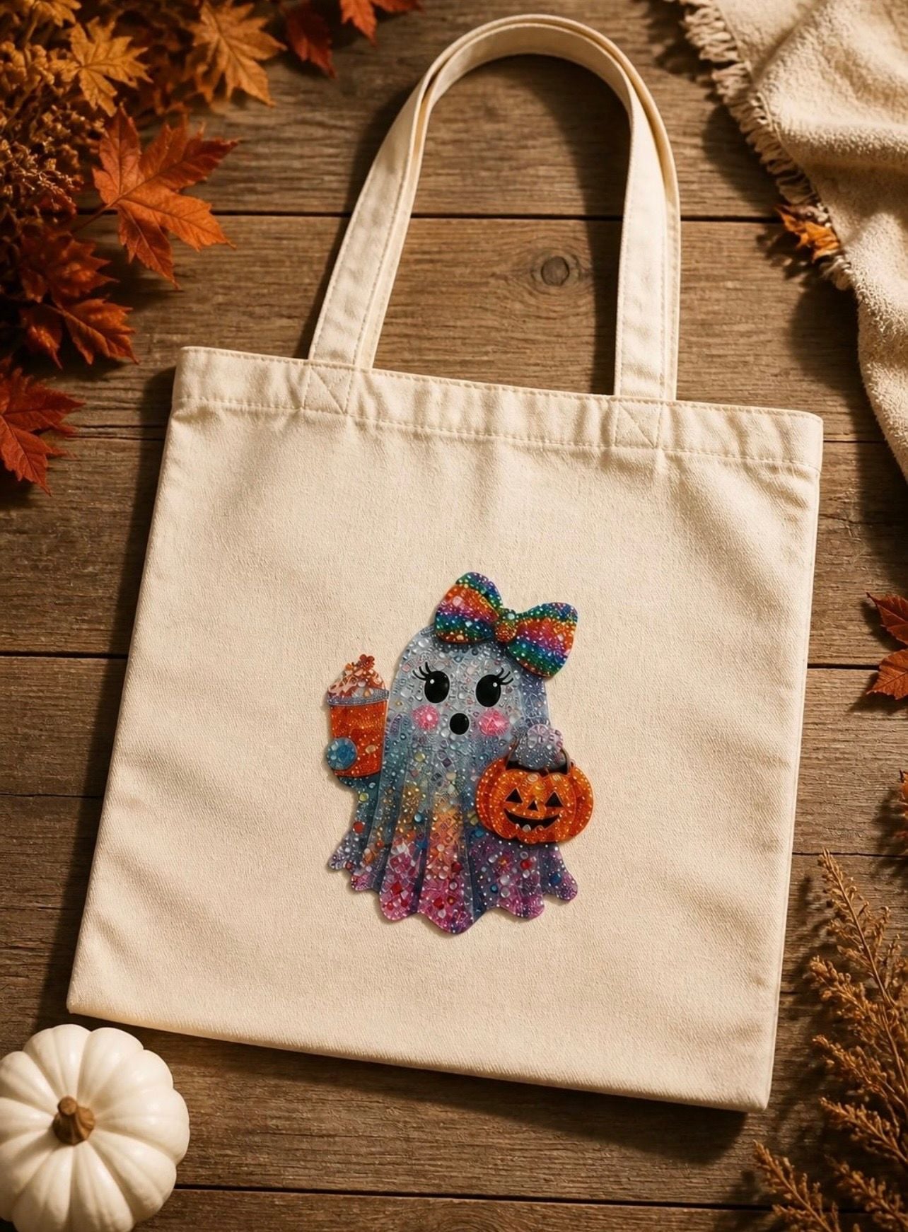 Halloween Diamond Painting Canvas Tote Bag Ghost Pumpkin Bow 4
