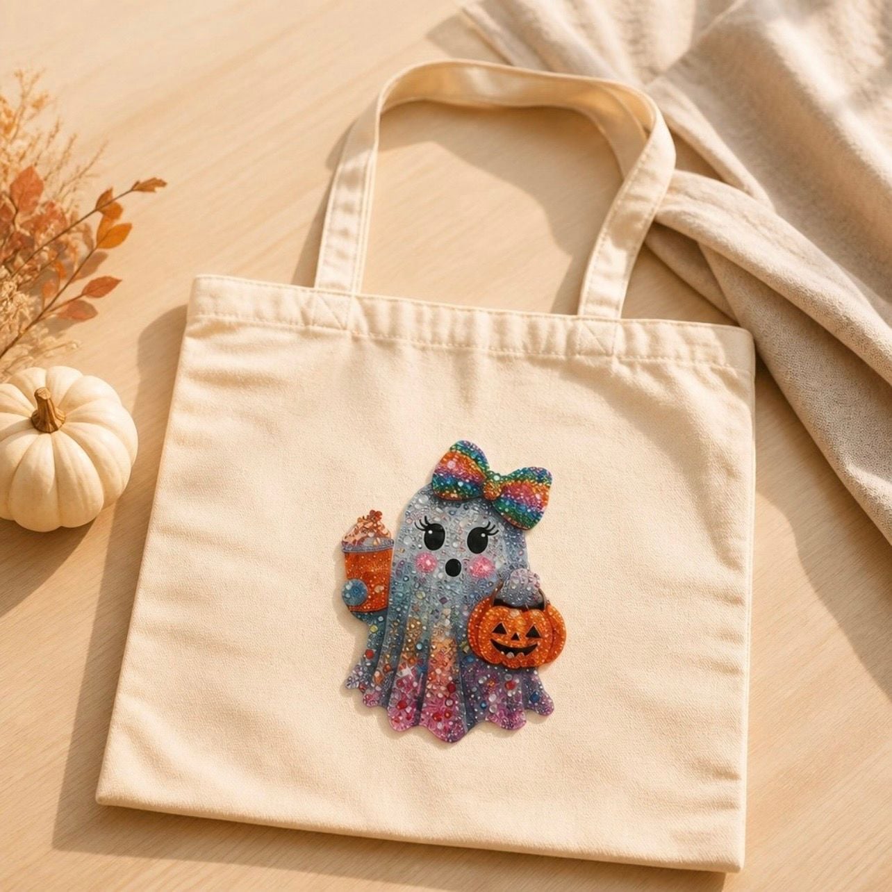 Halloween Diamond Painting Canvas Tote Bag Ghost Pumpkin Bow 5