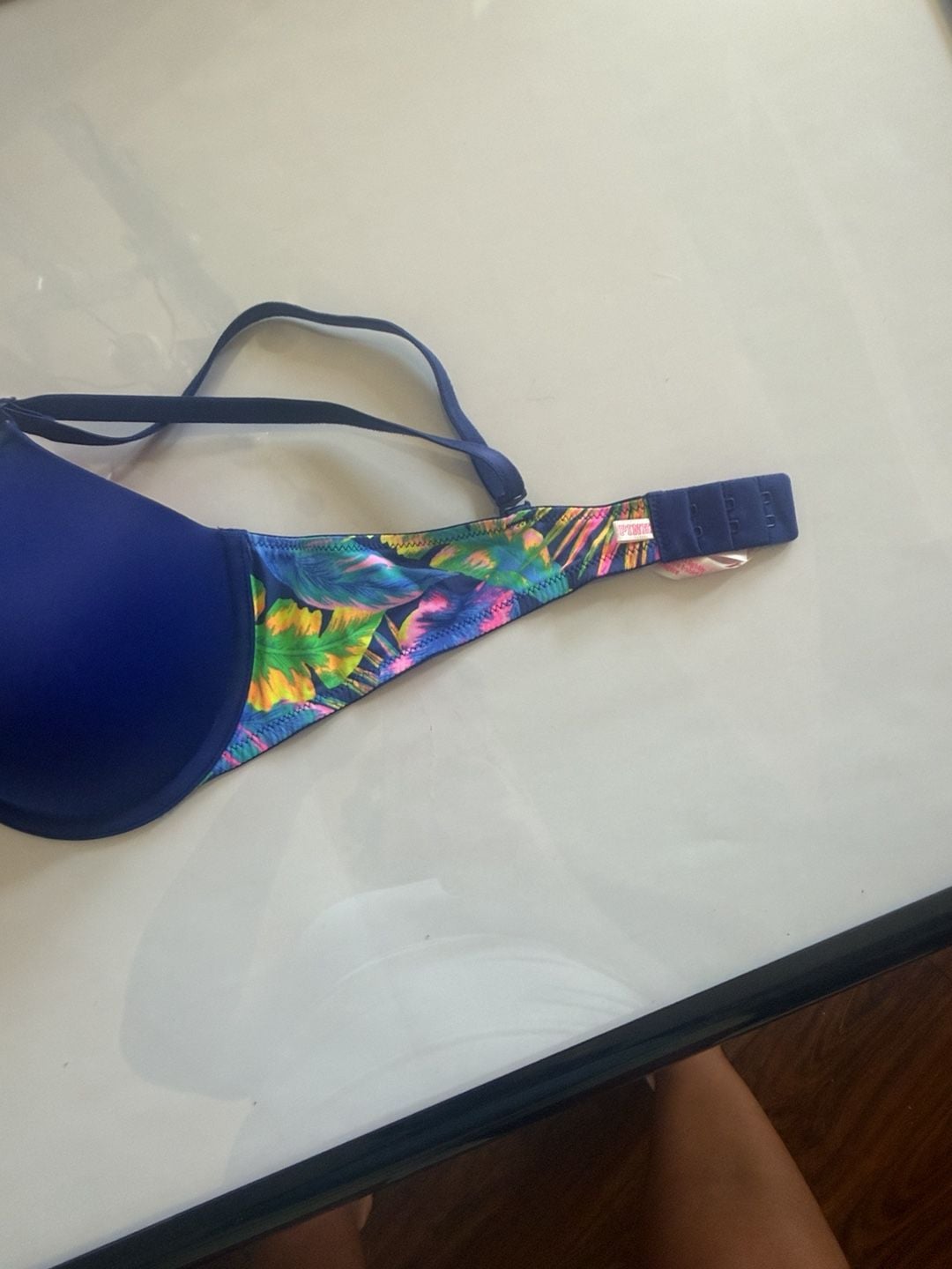 Victoria's Secret Pink Wear Everywhere T-Shirt Bra Size 36B Blue Floral 5
