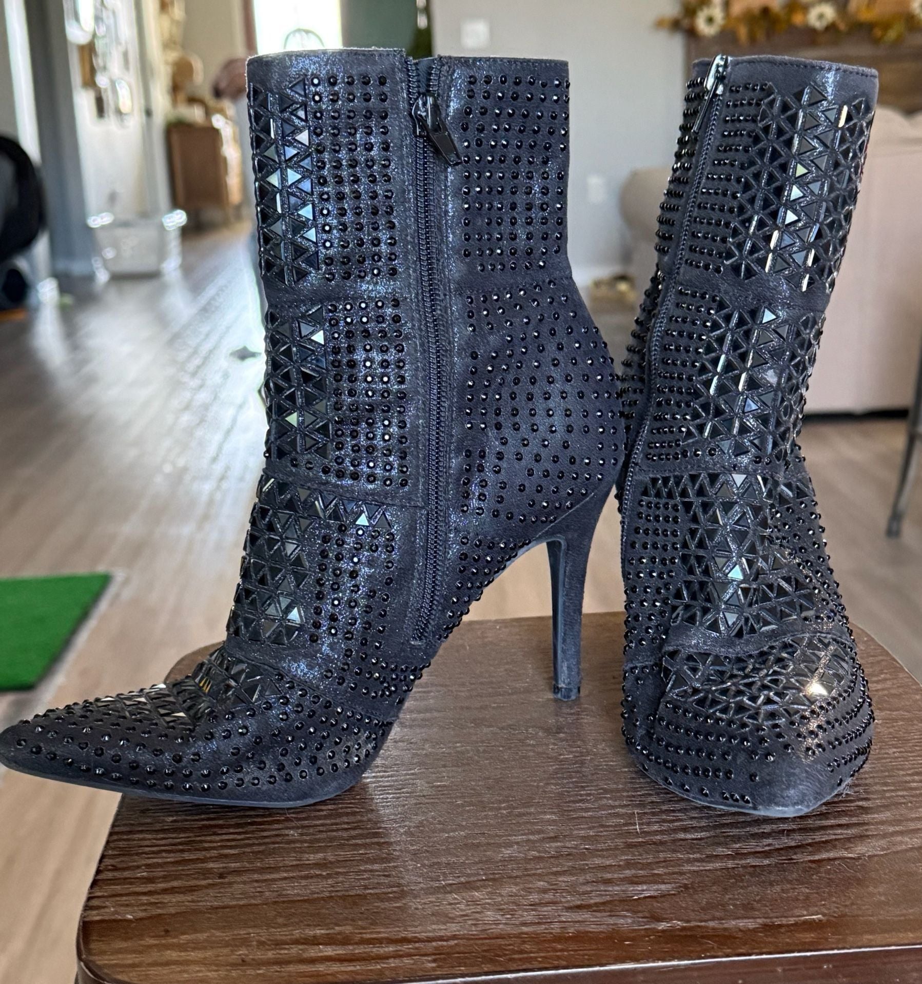Black Studded Rhinestone Heeled Ankle Boots 5