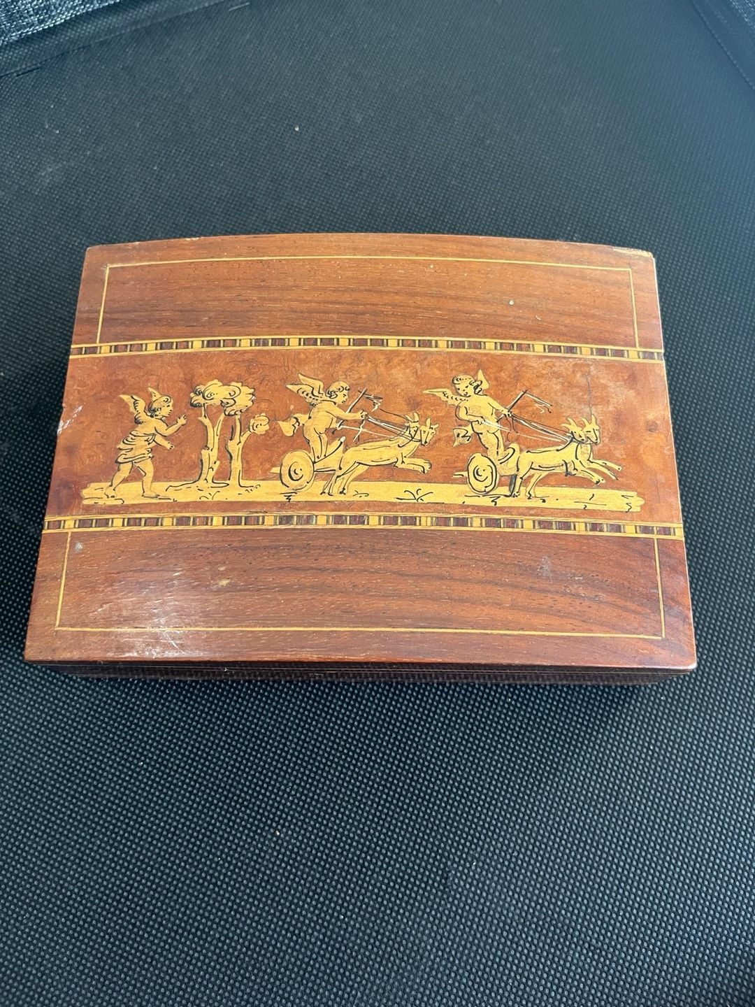 Vintage Italian Marquetry Inlaid Wooden Jewelry Box Cherub Chariot 1