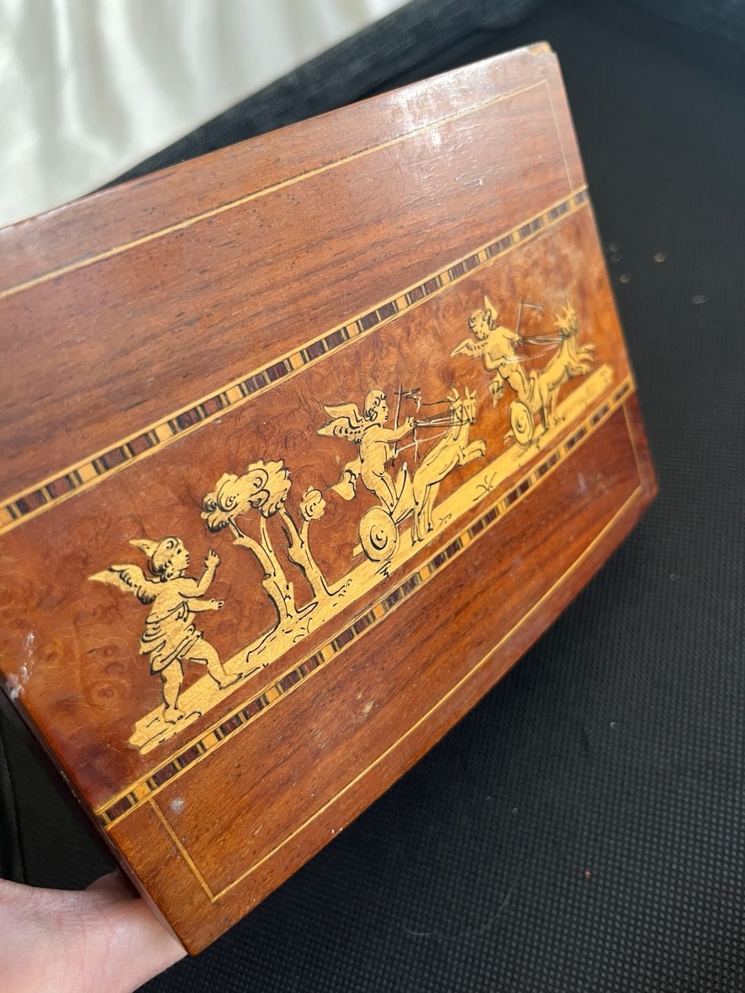 Vintage Italian Marquetry Inlaid Wooden Jewelry Box Cherub Chariot 5