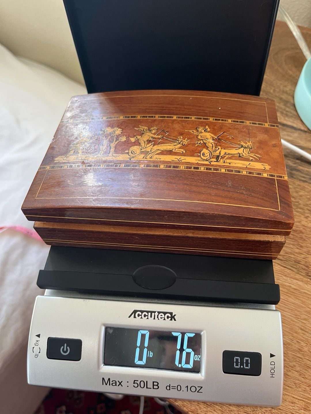 Vintage Italian Marquetry Inlaid Wooden Jewelry Box Cherub Chariot 6