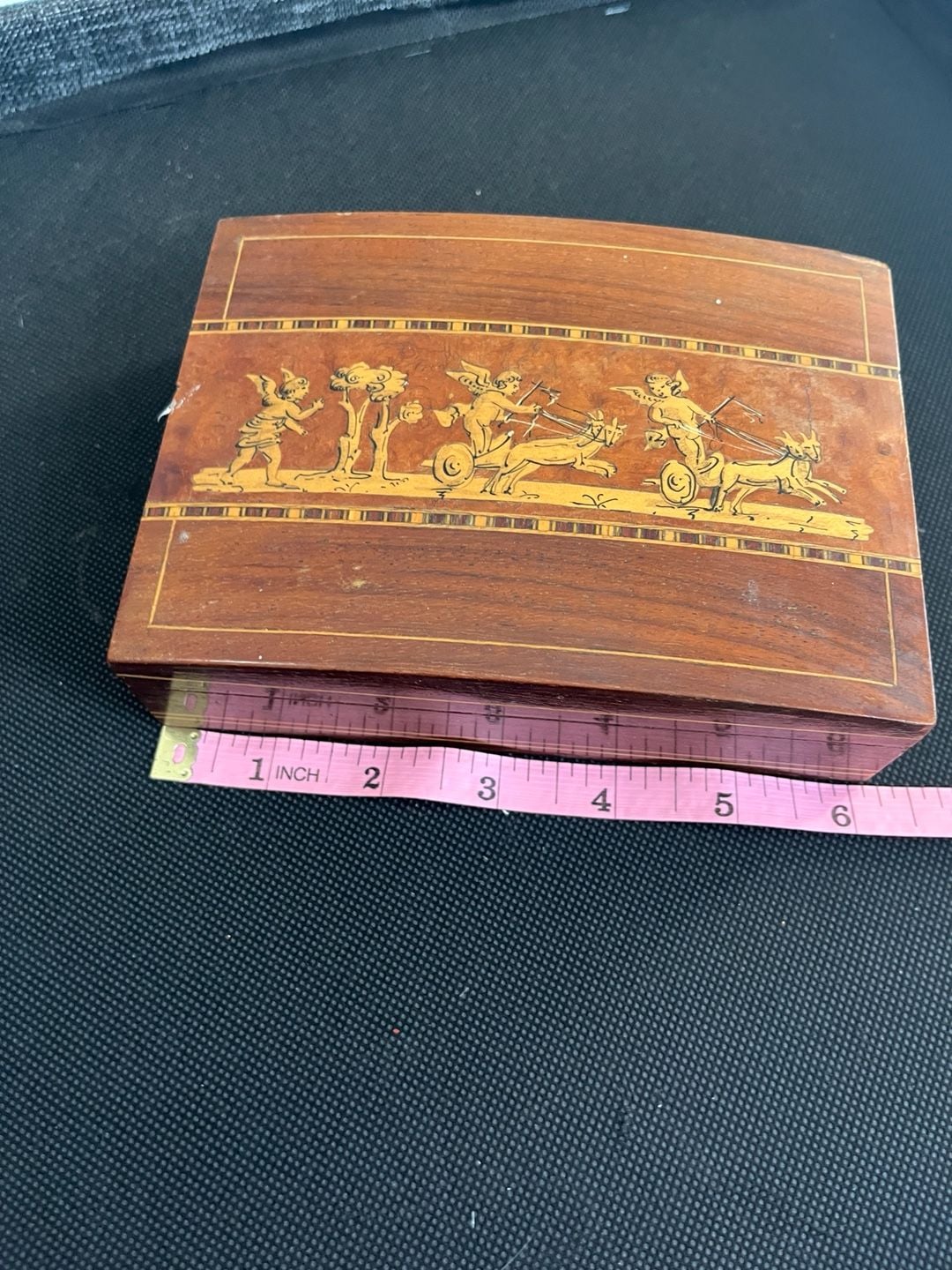 Vintage Italian Marquetry Inlaid Wooden Jewelry Box Cherub Chariot 7