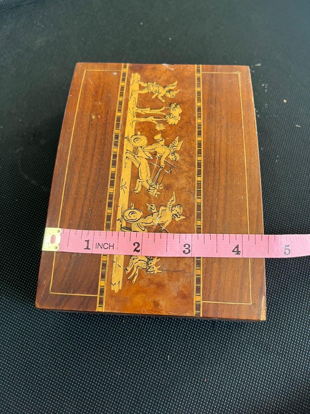 Vintage Italian Marquetry Inlaid Wooden Jewelry Box Cherub Chariot 8