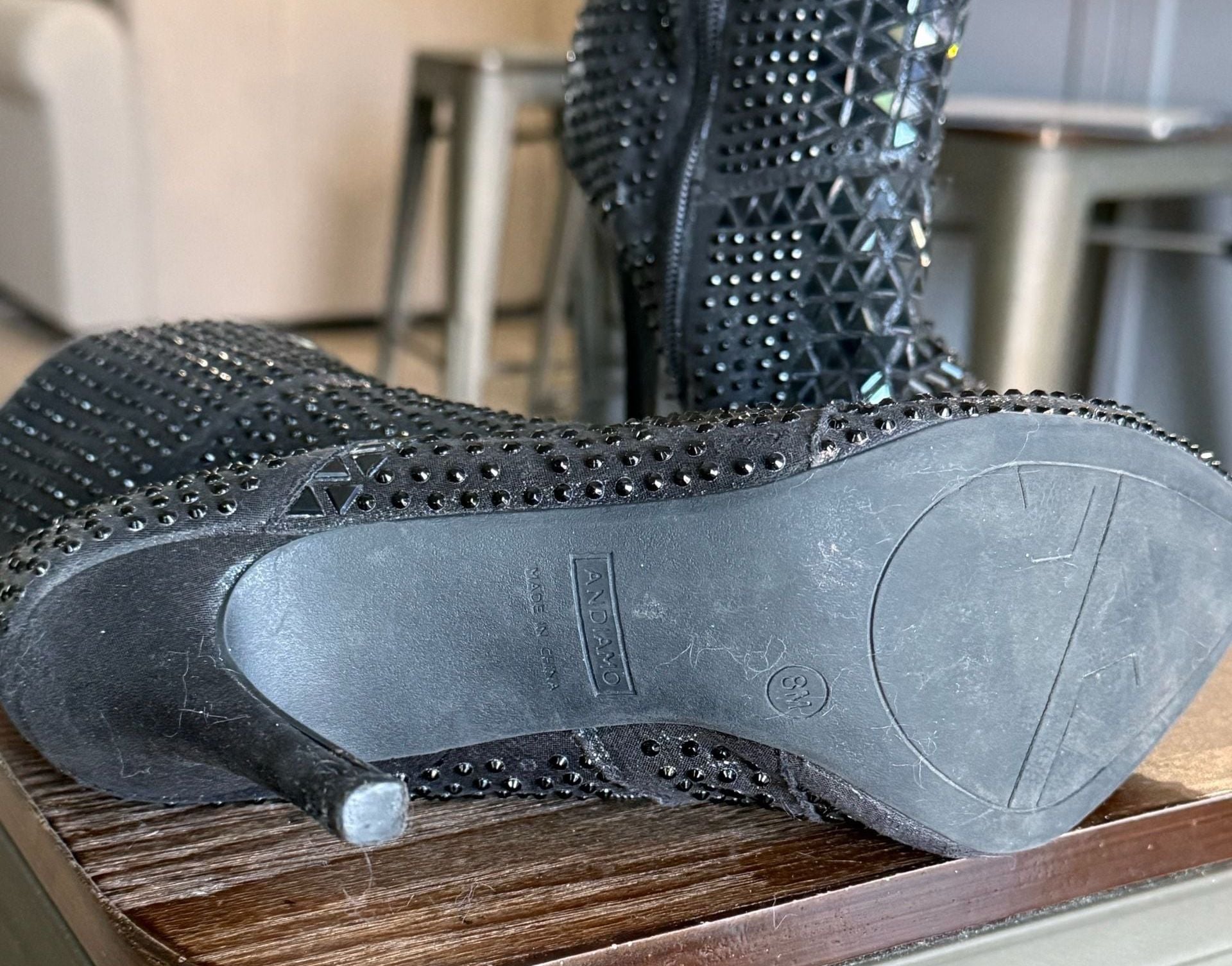 Black Studded Rhinestone Heeled Ankle Boots 4