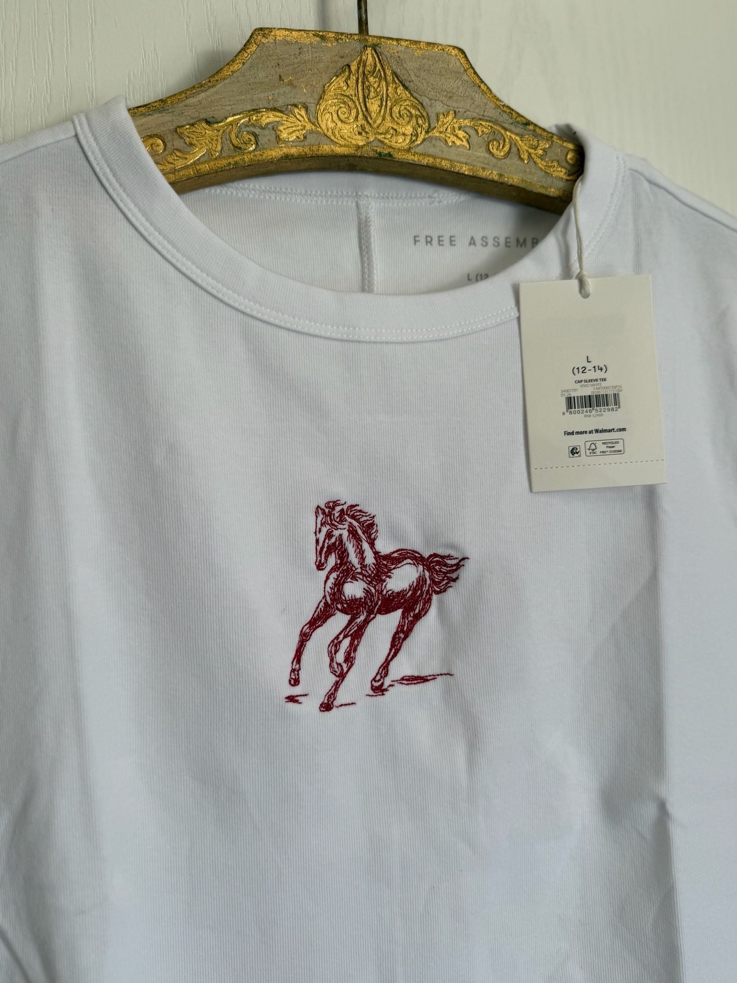 Embroidery by me! Free Assembly Cap Sleeve Tee Size L (12-14) White with Red Horse  8