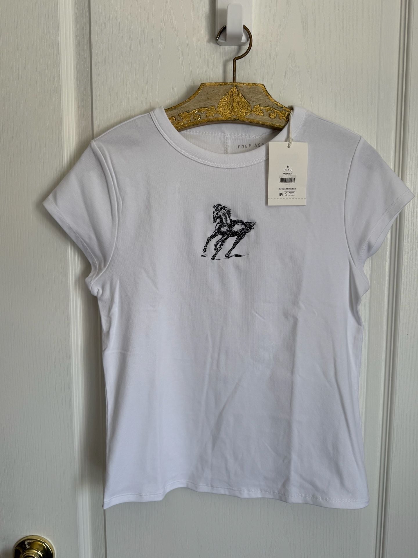 Embroidery by me! Free Assembly Cap Sleeve Tee Size M 8-10 White with Black Horse 2