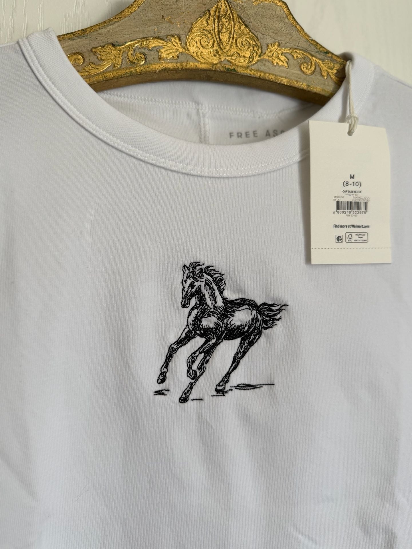 Embroidery by me! Free Assembly Cap Sleeve Tee Size M 8-10 White with Black Horse 6