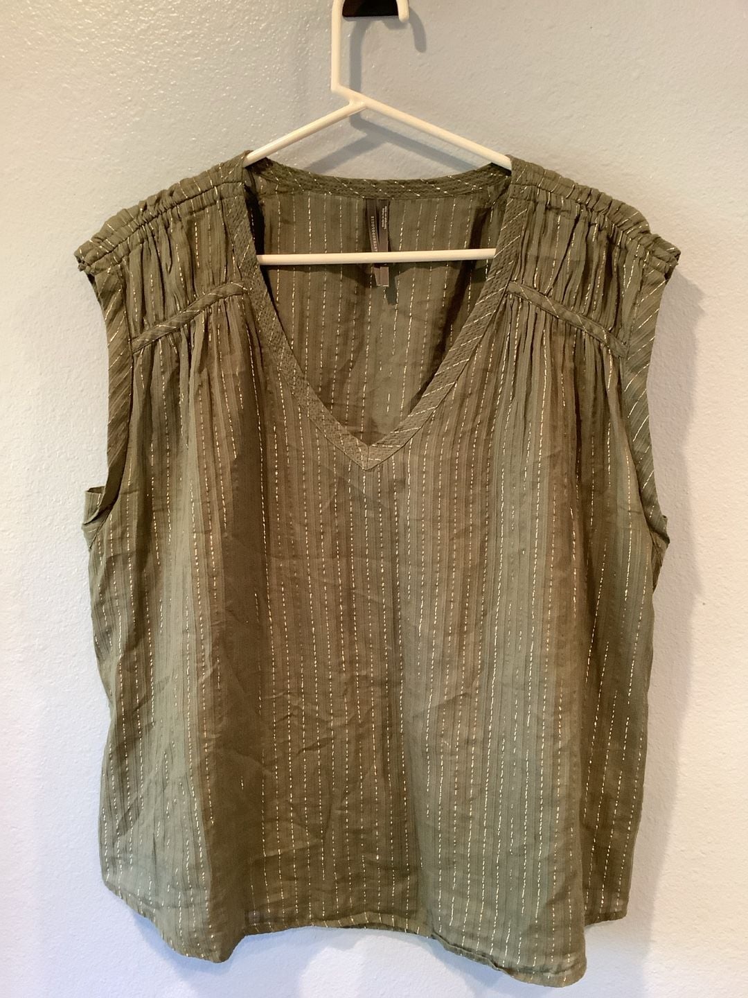 by Anthropologie Sleeveless Blouse Size L Olive Metallic Stripe 2