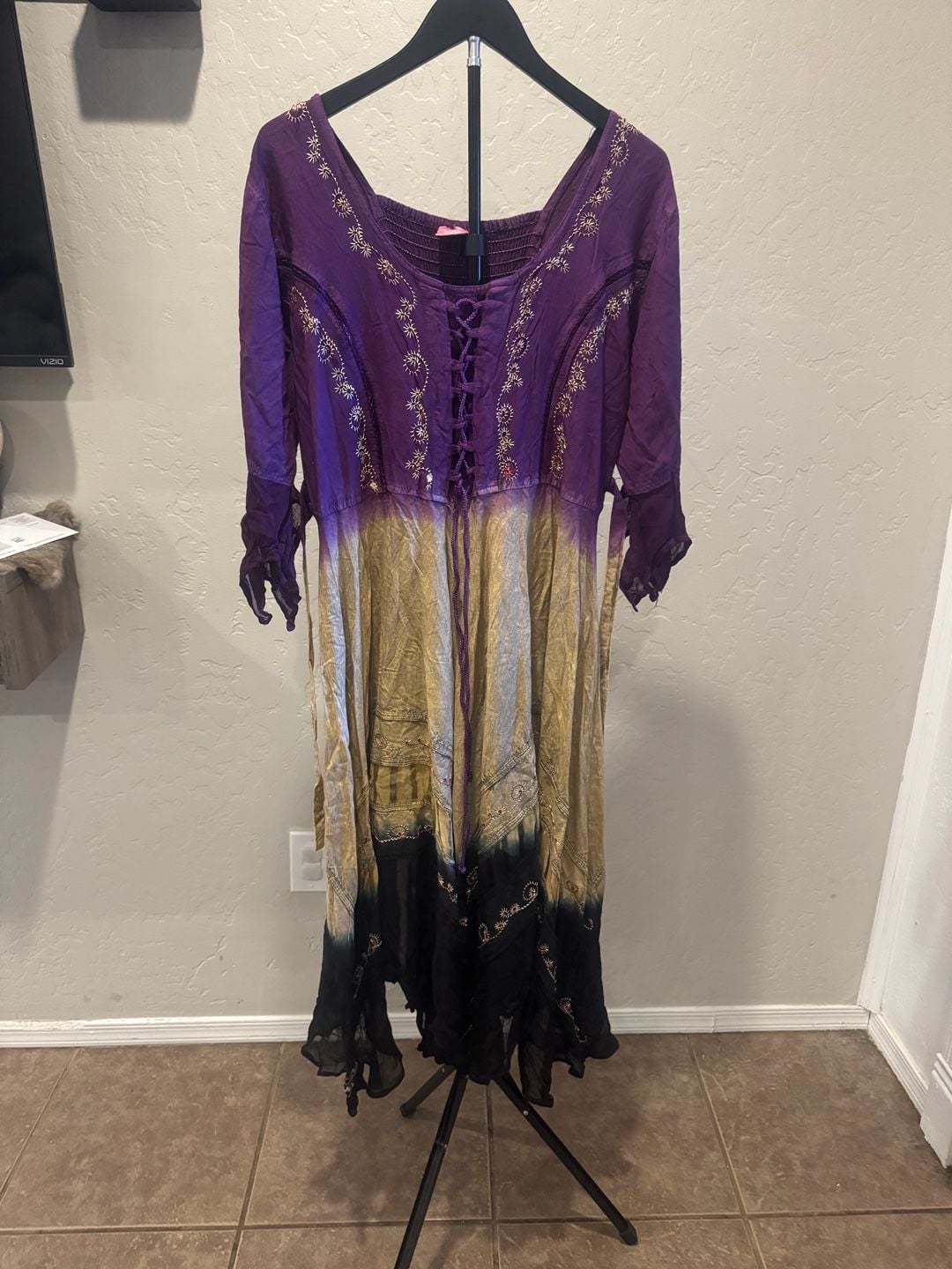 Boho Embroidered Tie-Front Dress Festival Medieval Renaissance Free Size 2
