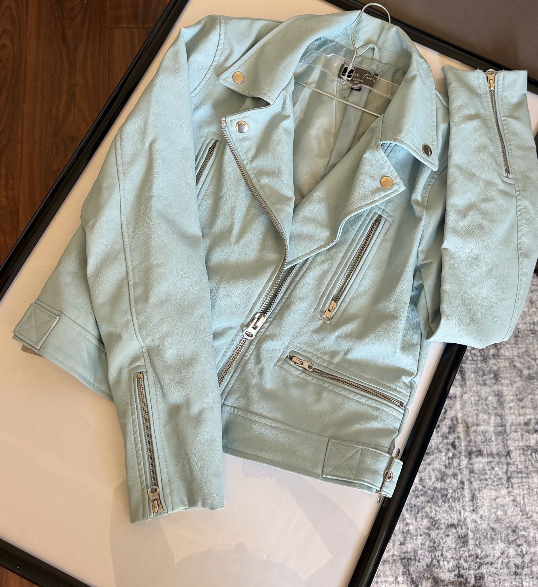 Love Tree Faux Leather Moto Jacket Size M Light Blue Biker 3
