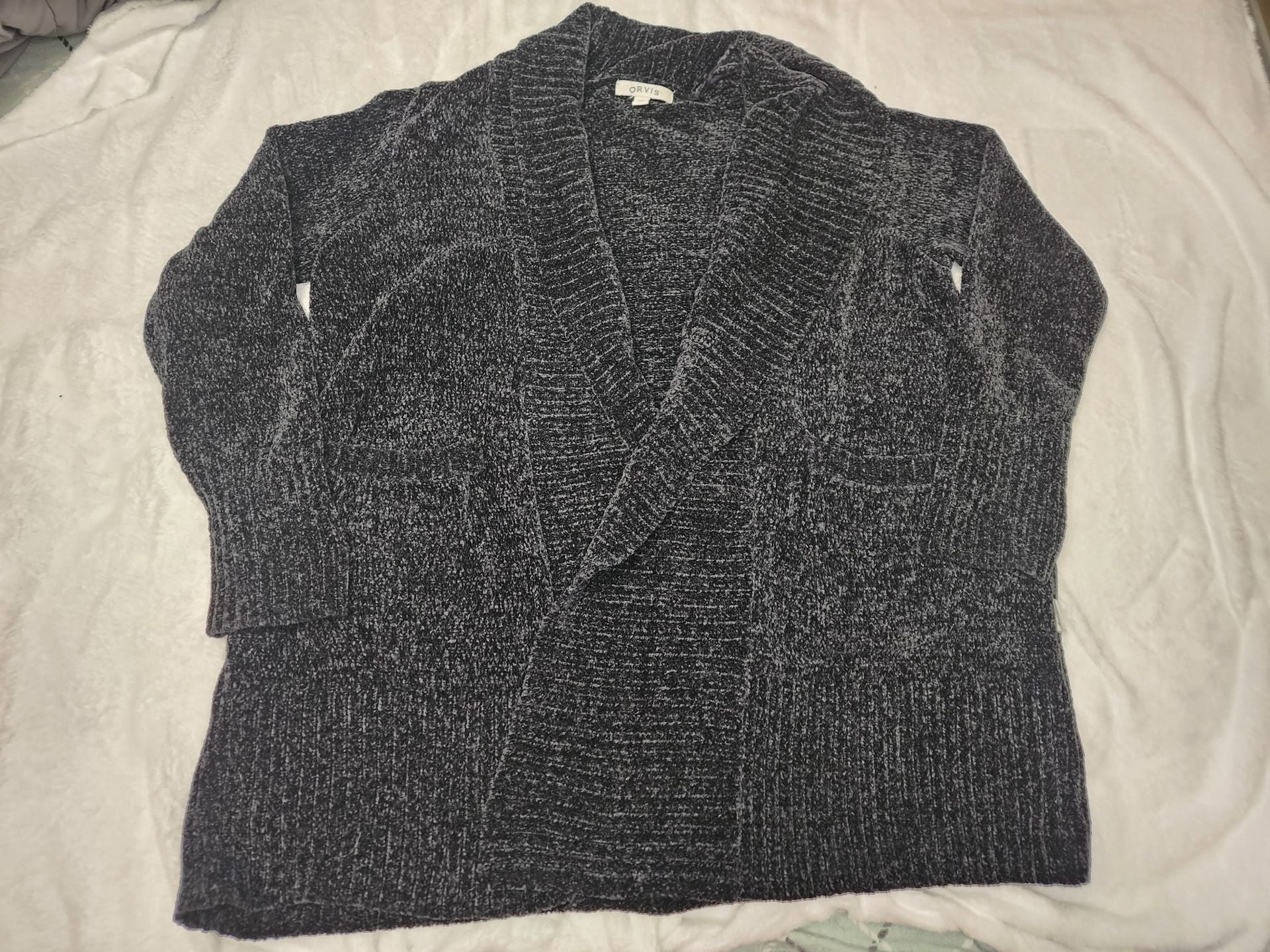 Orvis Chenille Cardigan Sweater Size L Black Gray Open Front 2