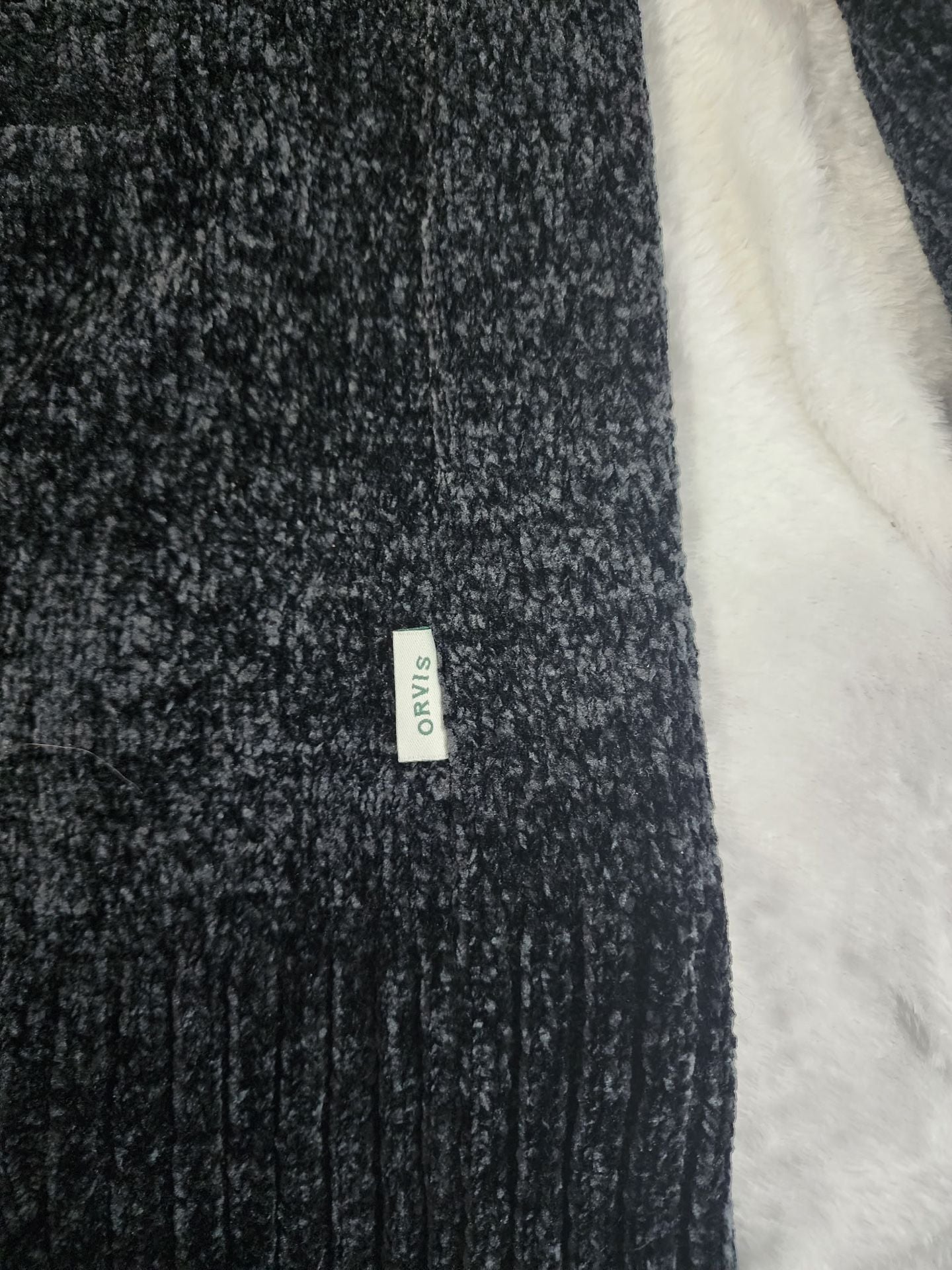 Orvis Chenille Cardigan Sweater Size L Black Gray Open Front 7