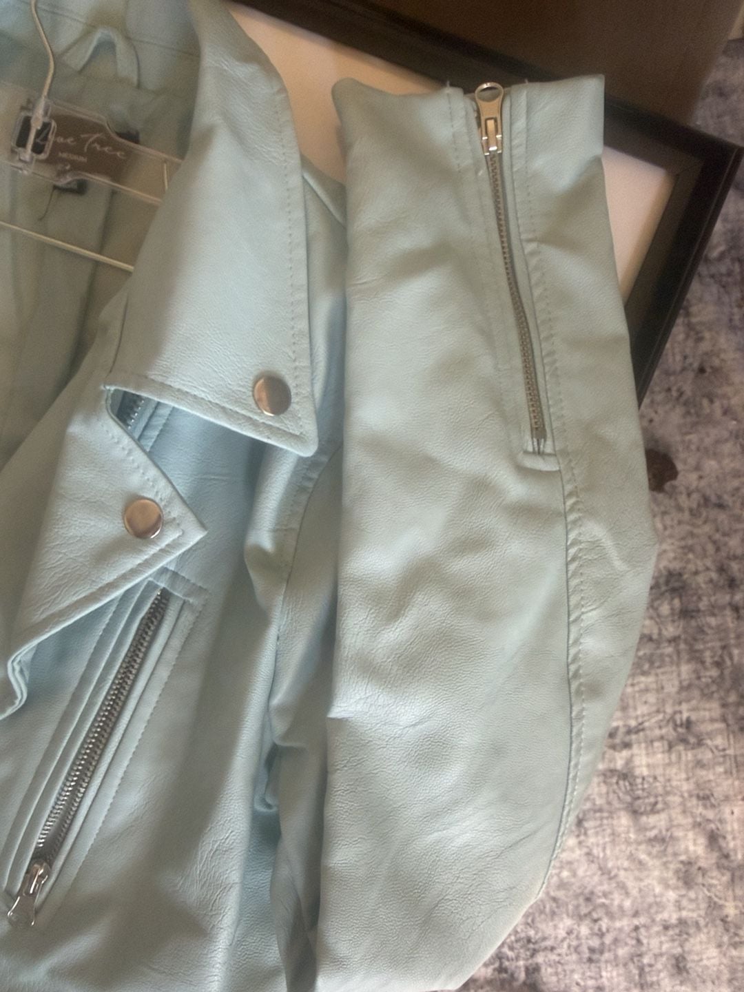 Love Tree Faux Leather Moto Jacket Size M Light Blue Biker 5