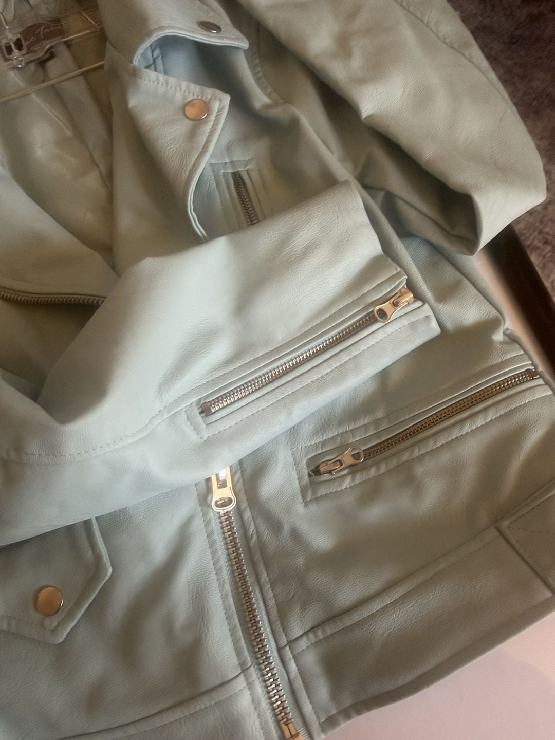 Love Tree Faux Leather Moto Jacket Size M Light Blue Biker 6