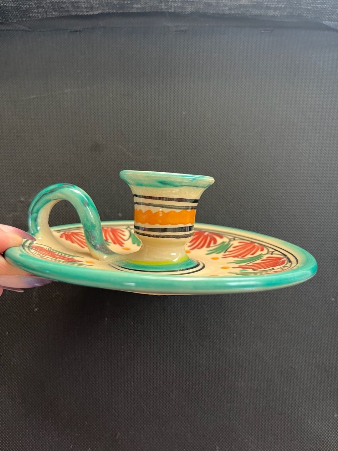 Handmade Ceramic Candlestick Holder Handled Teal Red Yellow 6 Inch 2
