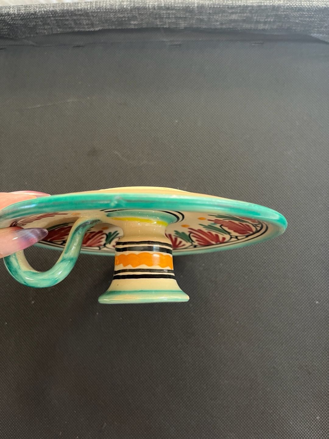 Handmade Ceramic Candlestick Holder Handled Teal Red Yellow 6 Inch 4