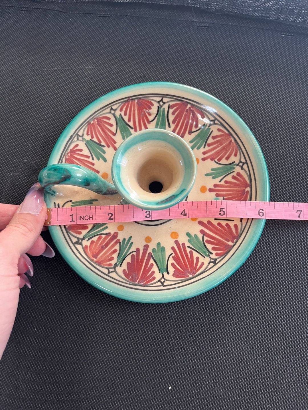 Handmade Ceramic Candlestick Holder Handled Teal Red Yellow 6 Inch 5