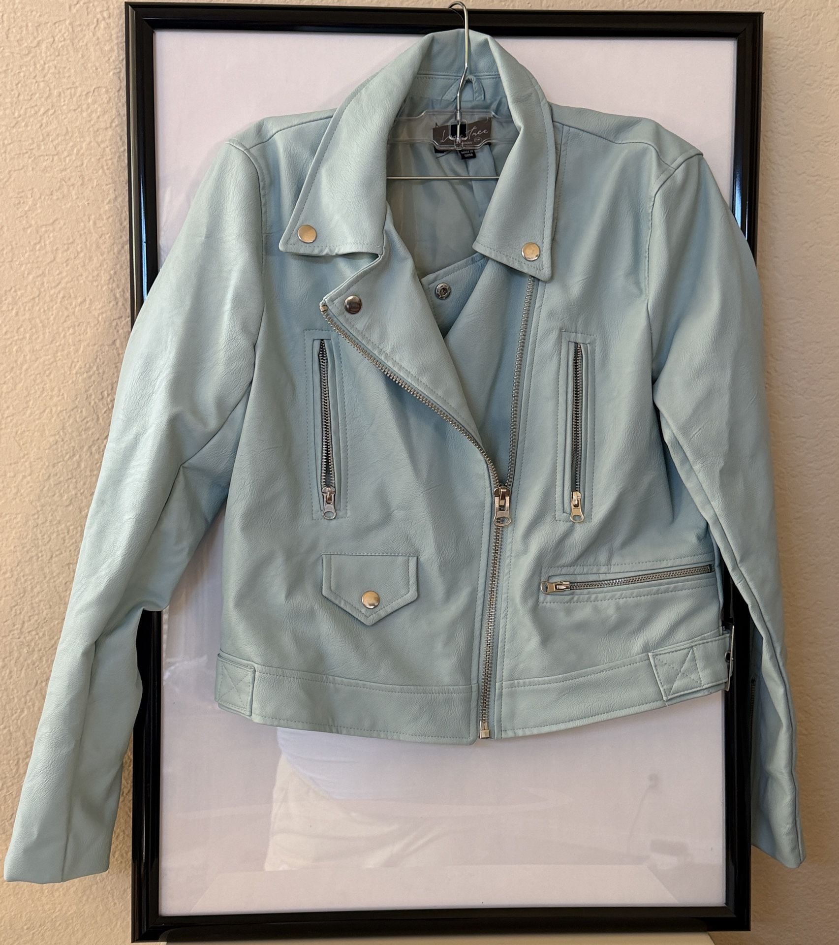 Love Tree Faux Leather Moto Jacket Size M Light Blue Biker 10