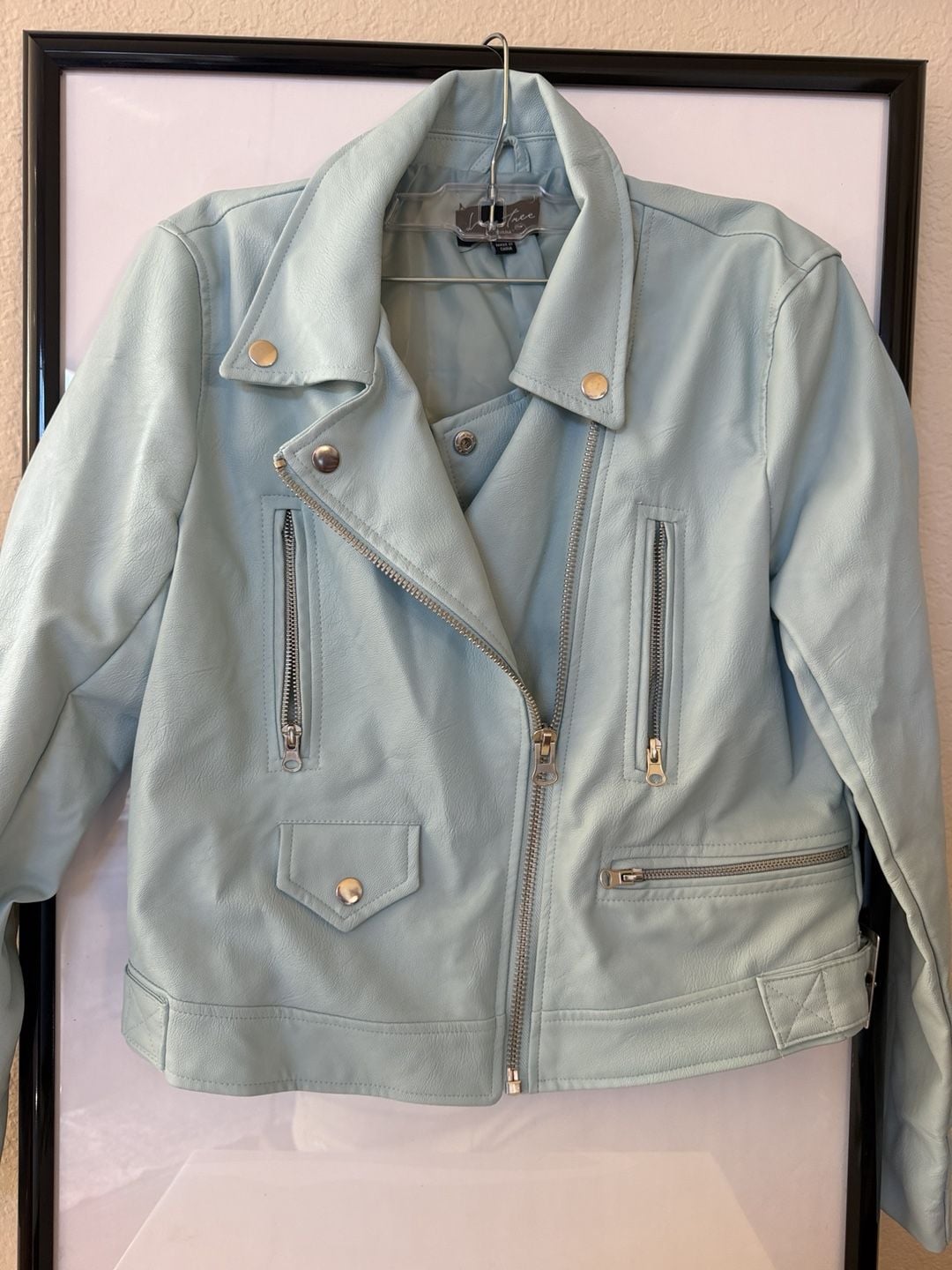 Love Tree Faux Leather Moto Jacket Size M Light Blue Biker 2