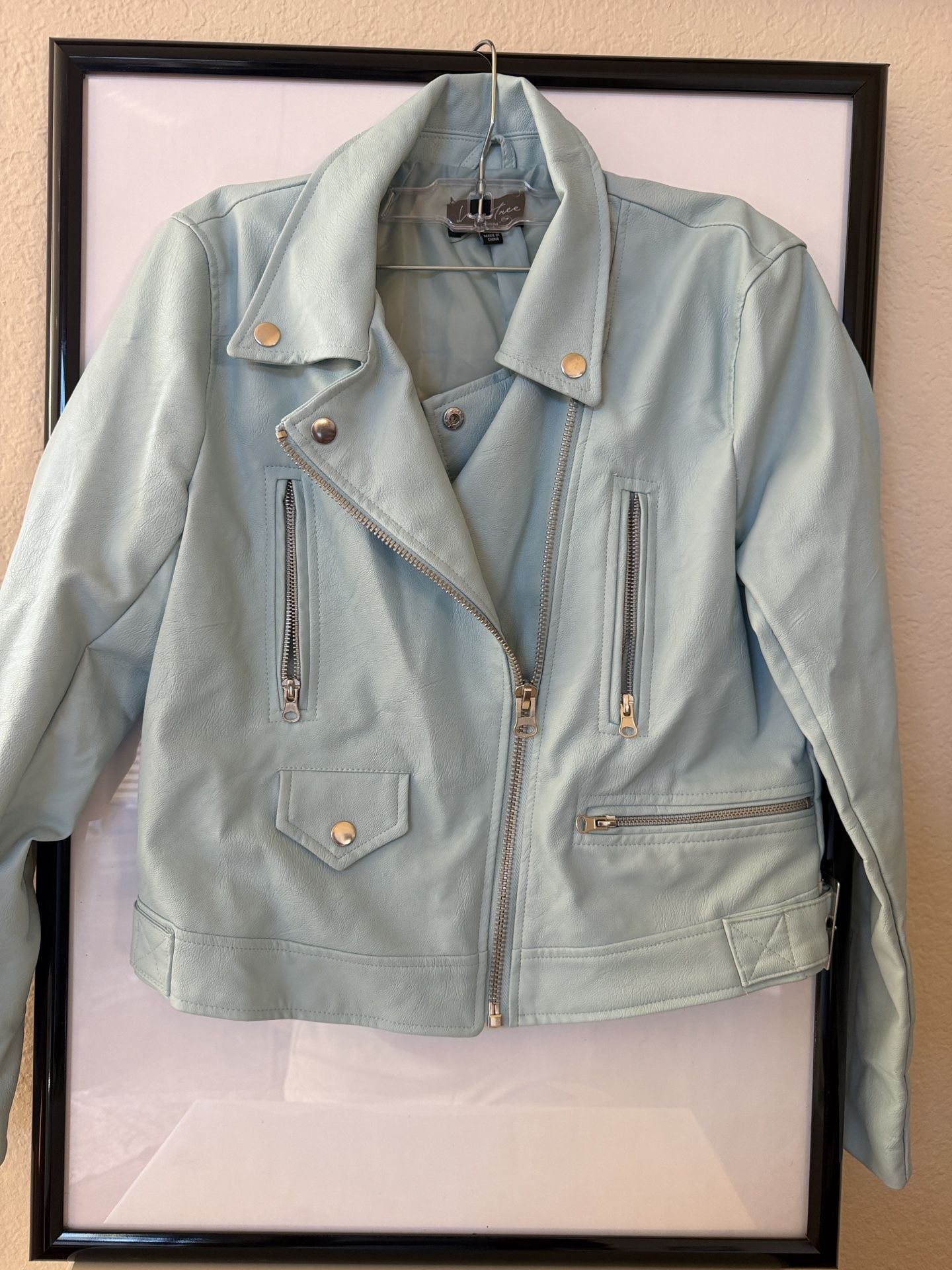 Love Tree Faux Leather Moto Jacket Size M Light Blue Biker 11