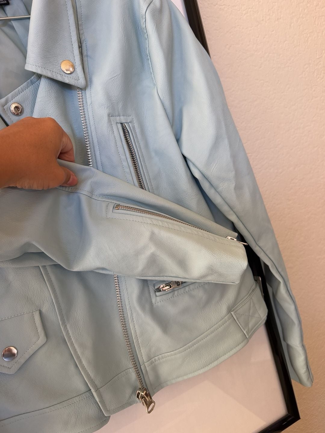 Love Tree Faux Leather Moto Jacket Size M Light Blue Biker 13