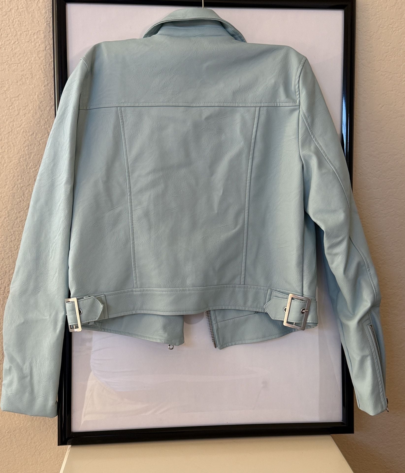 Love Tree Faux Leather Moto Jacket Size M Light Blue Biker 14