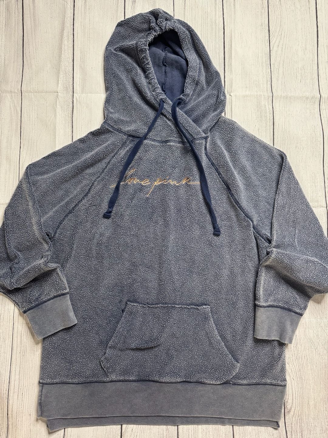 Victoria’s Secret PINK Sherpa Fleece Hoodie Small Washed Blue Oversized Pullover 3