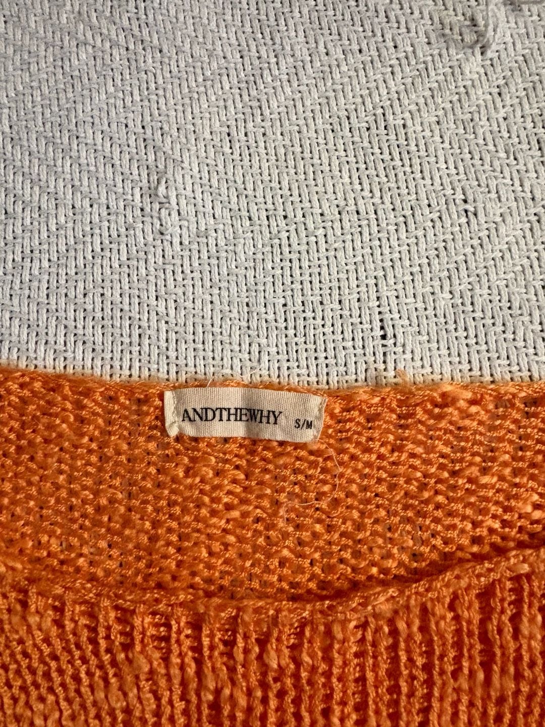 ANDTHEWHY Knit Top Size S/M Orange Open Weave Fringe 3