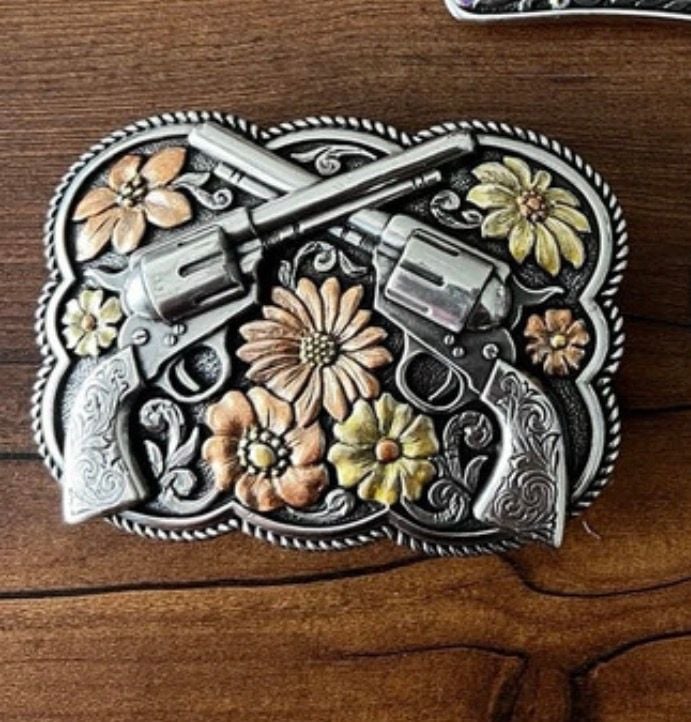 Western Belt Buckle Crossed Revolvers and Flowers Tony Lama 1