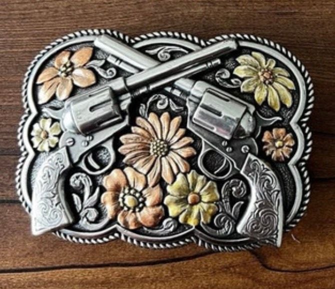 Western Belt Buckle Crossed Revolvers and Flowers Tony Lama 2