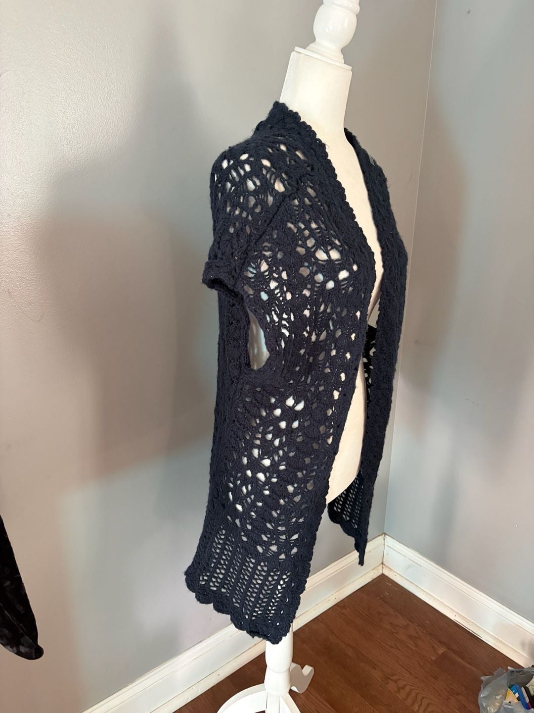 Y2K authentic 2000’s Abercrombie & Fitch Open Knit Cardigan Size L Navy Crochet Sweater 3