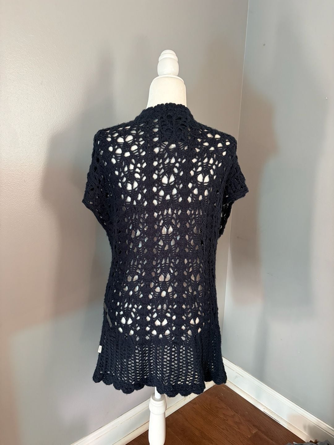 Y2K authentic 2000’s Abercrombie & Fitch Open Knit Cardigan Size L Navy Crochet Sweater 4