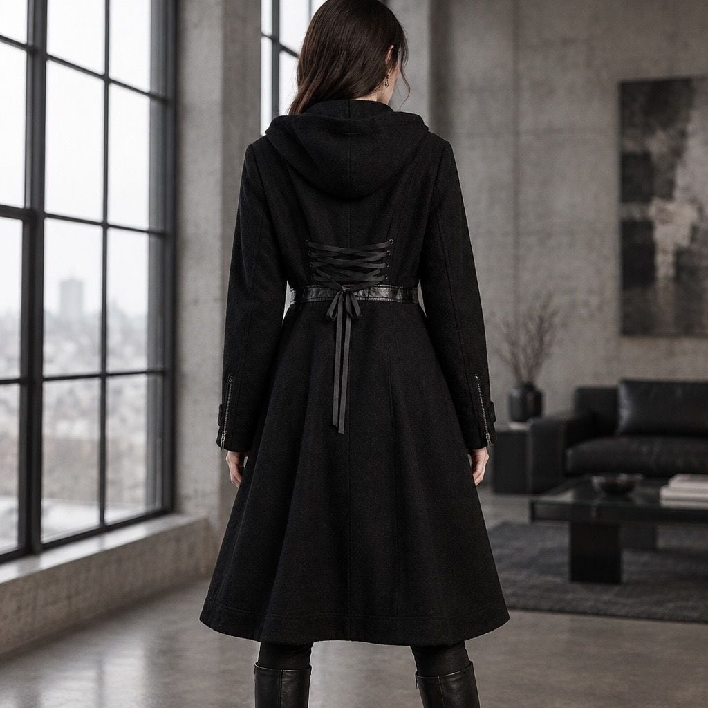Her Universe Doctor Who Corset Back Coat Size 3 Black Wool Blend Hooded 2