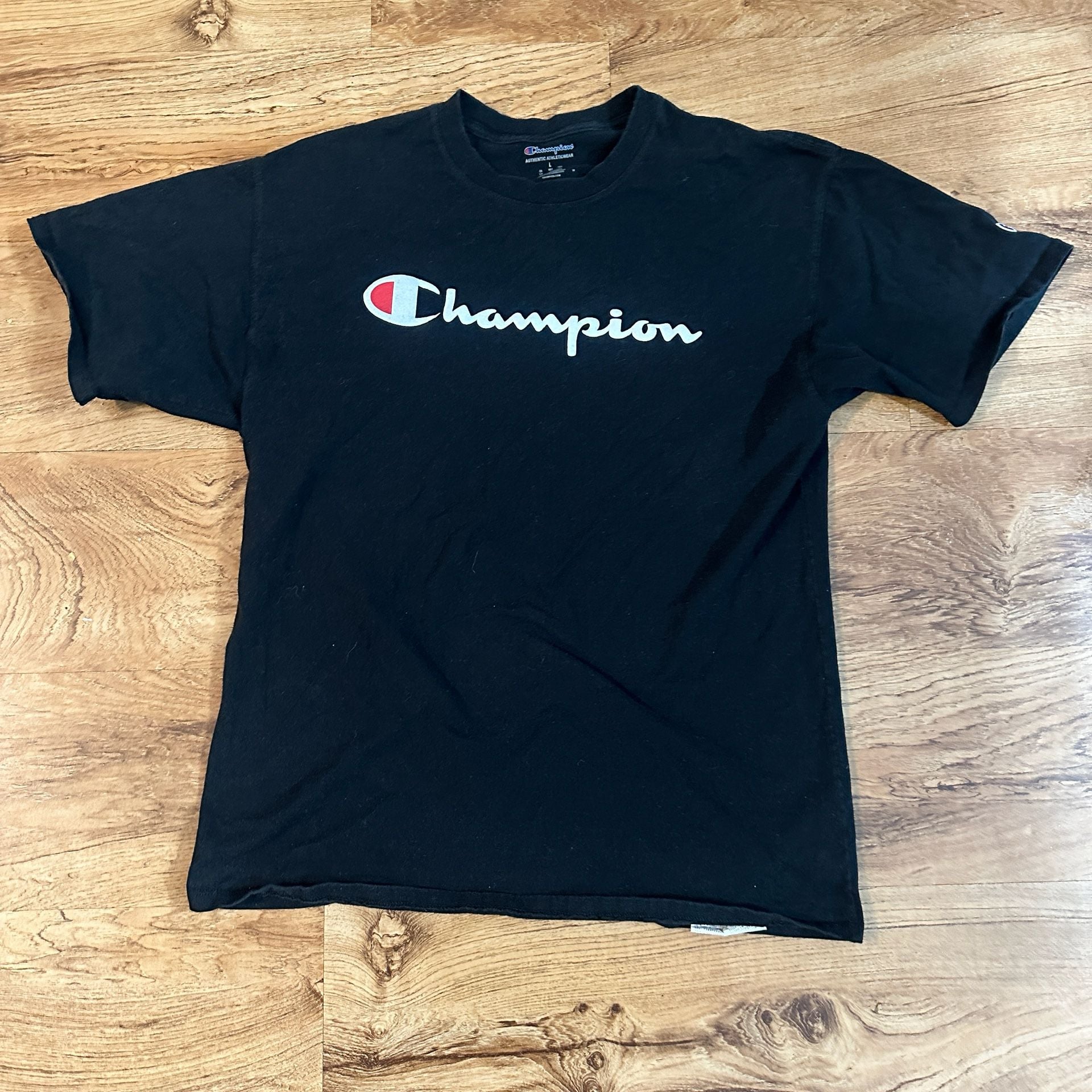Champion Script Logo T-Shirt Size L Black Cotton Graphic 2
