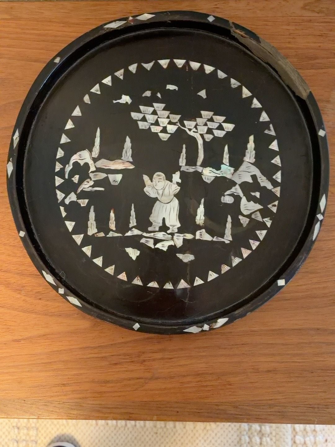 Vintage Asian Black Lacquer Mother of Pearl Inlay Round Tray 9.5 Inches 1