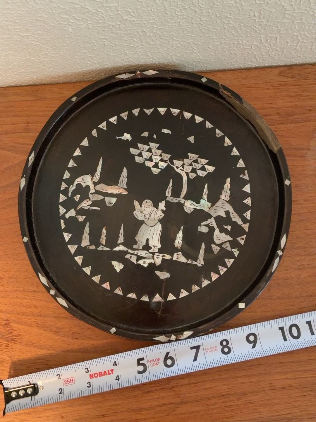 Vintage Asian Black Lacquer Mother of Pearl Inlay Round Tray 9.5 Inches 6