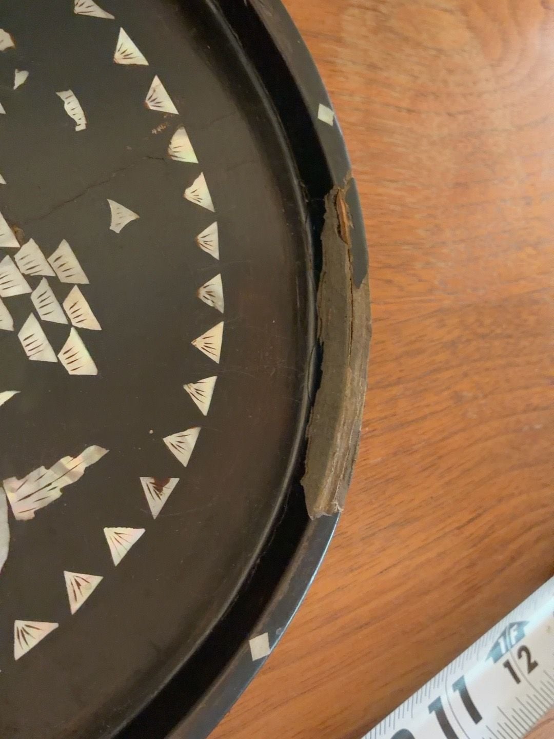Vintage Asian Black Lacquer Mother of Pearl Inlay Round Tray 9.5 Inches 9