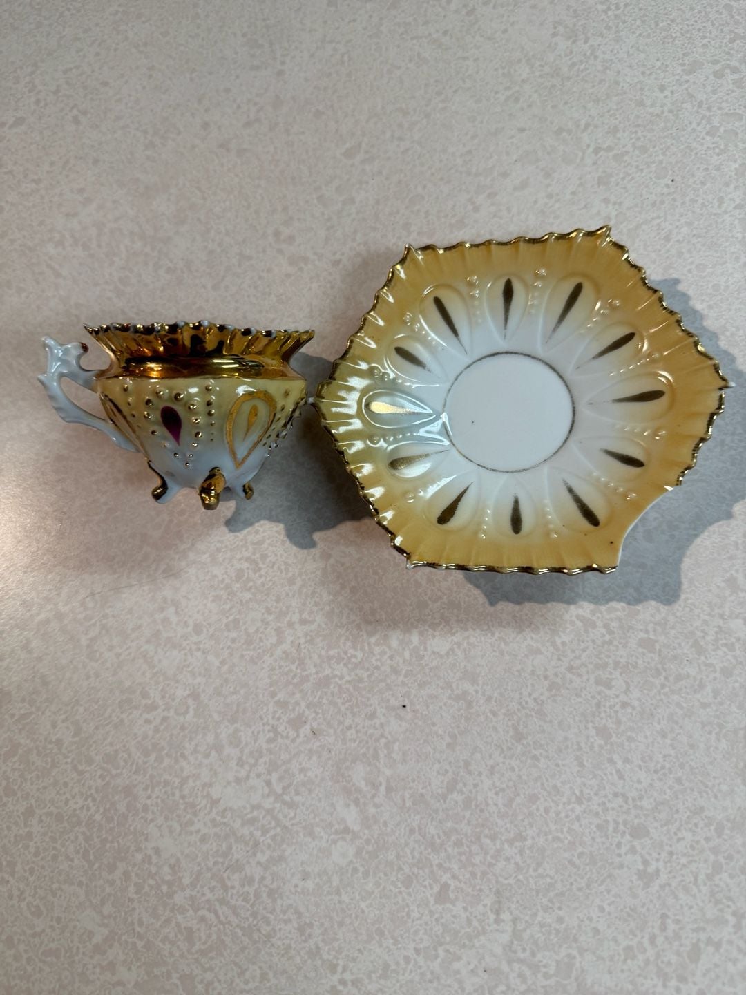 Vintage Porcelain Footed Tea Cup and Saucer Yellow Gold Trim 2